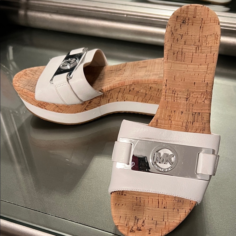 Michael Kors White and Silver Slide Sandals